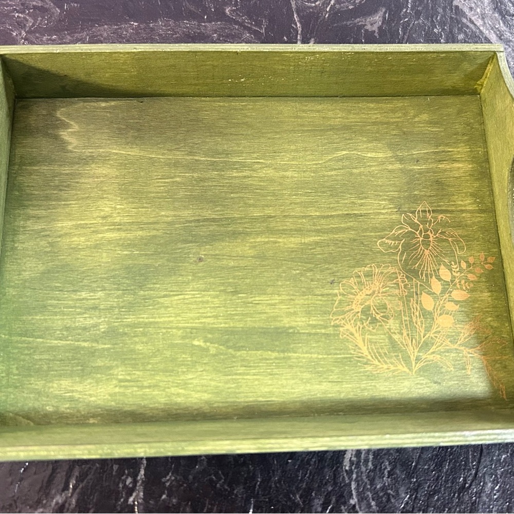 Green Decorative Wooden Tray with Floral Accen.